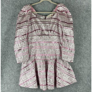 LoveShackFancy Aninna Mini Dress Womens 8 Pink Striped Metallic Bow Fairy